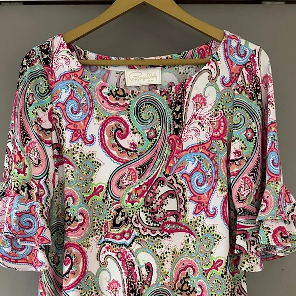 Pappagallo Paisley Blouse Pink Multicolor Ruffle Sleeve Top - Picture 4 of 6